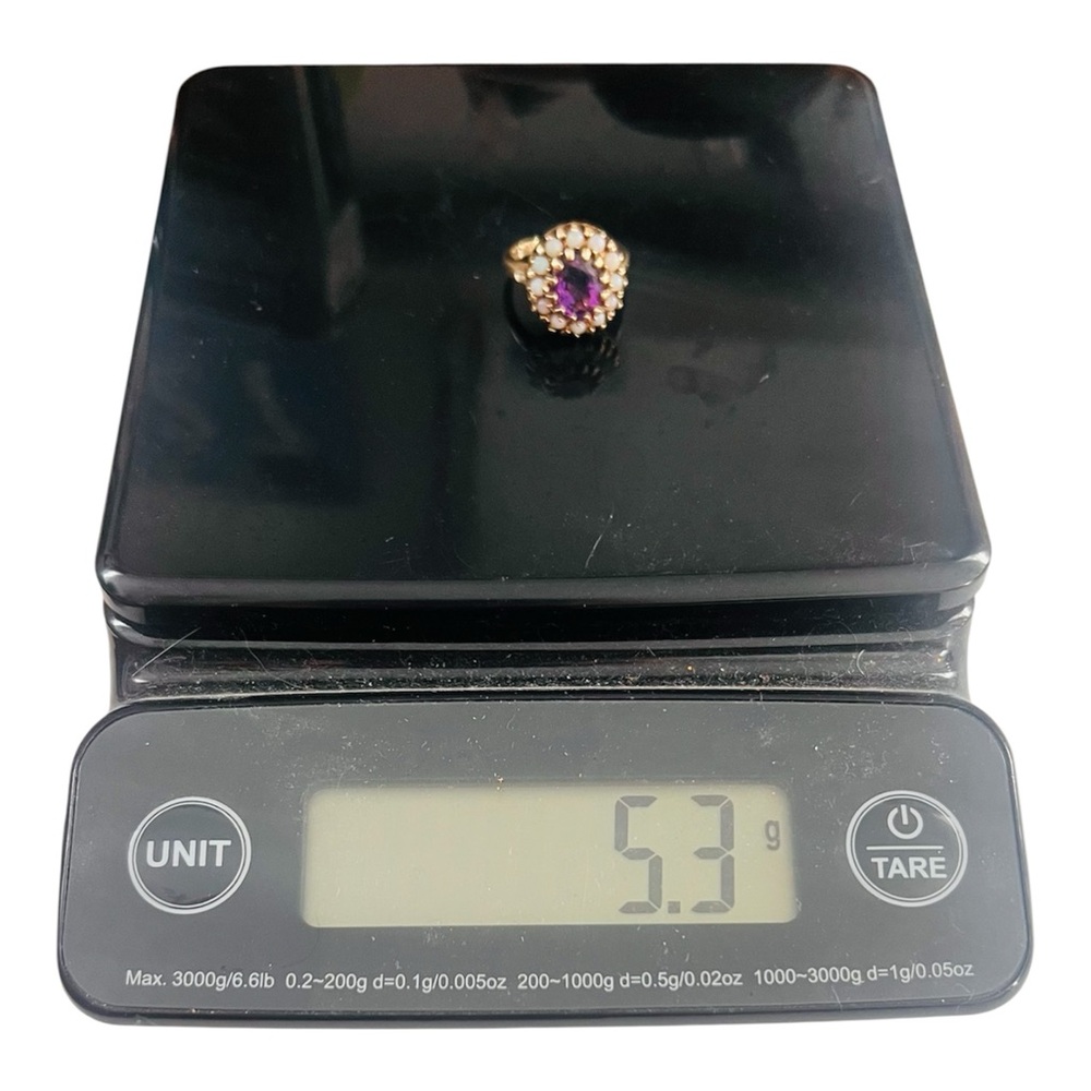 Vintage Amethyst and Seed Opal 10k Gold Ring Size 5.5/6 Estate Hallmarked - Picture 16 of 16